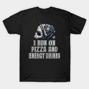 Gamer Skull Console Player Pizza & Energy Drinks T-Shirt